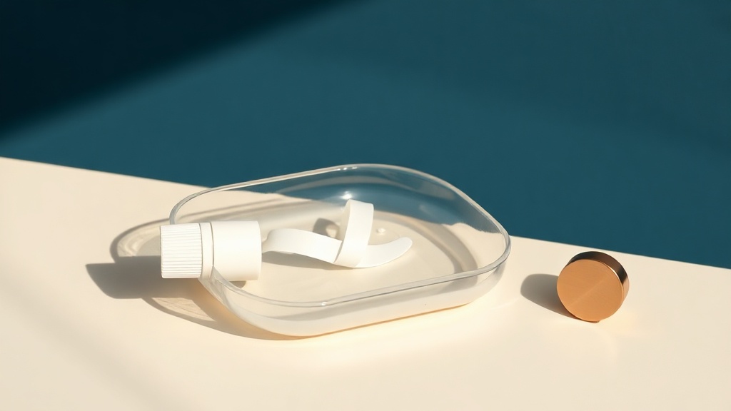 A gentle low-sensitivity whitening routine — a clear tray with pale gel, a plain mineral paste tube and a small timer