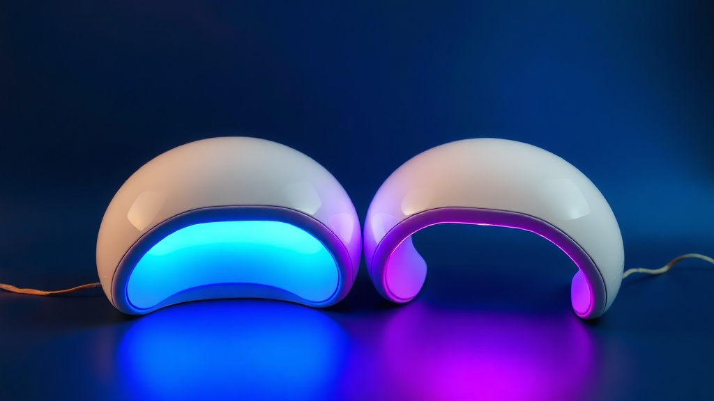 A blue-light whitening device beside a violet-light whitening device