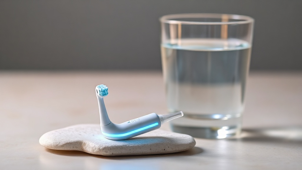 An LED whitening mouthpiece glowing beside a glass of water