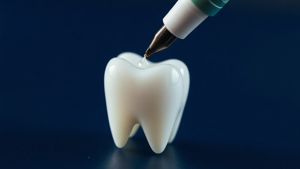 A whitening pen tip painting a thin film of clear gel across a single glossy tooth