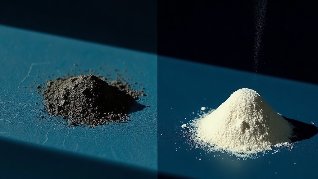 A gritty dark charcoal powder beside a fine white baking-soda powder, contrasting abrasion with gentle polishing