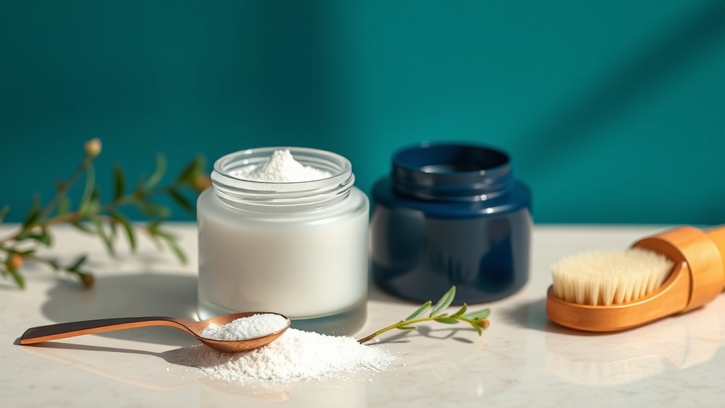 An open jar of fine white nano-hydroxyapatite powder with a copper spoon and a soft brush