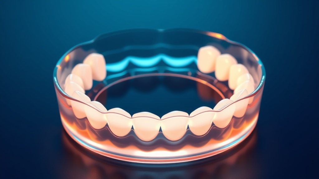A clear tray hugging an arch of teeth with an even glowing layer of gel sealed against every tooth