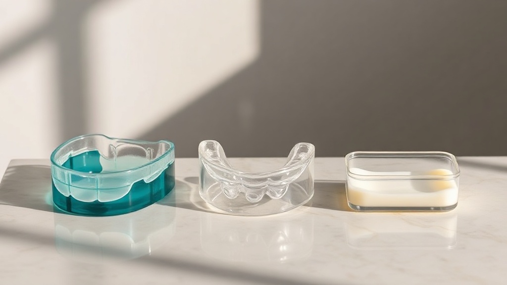 Three whitening trays side by side: a bulky boil-and-bite tray, a slim custom tray and a small prefilled tray
