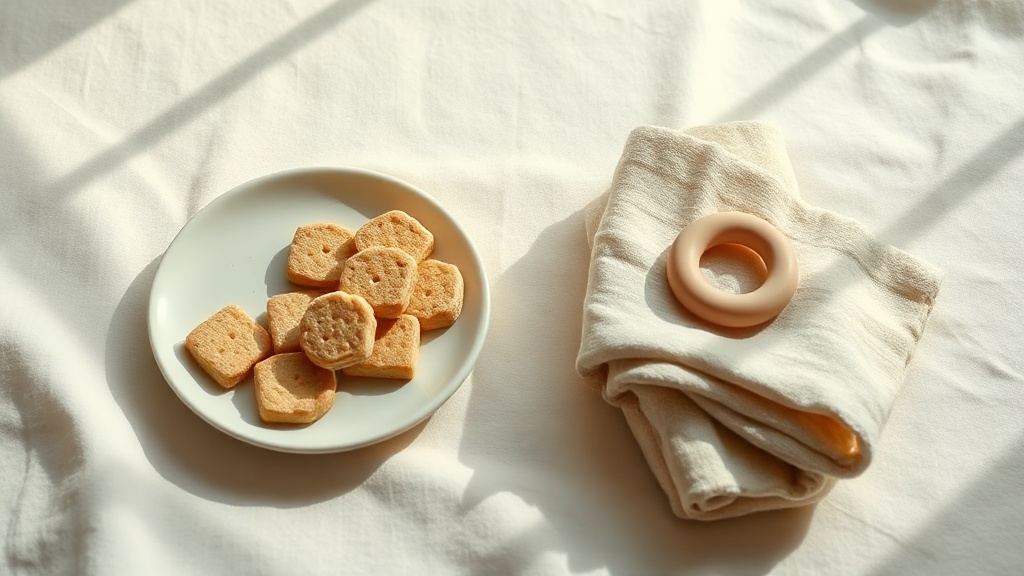A plate of pale teething rusks beside a silicone teether and chilled cloth on cream linen