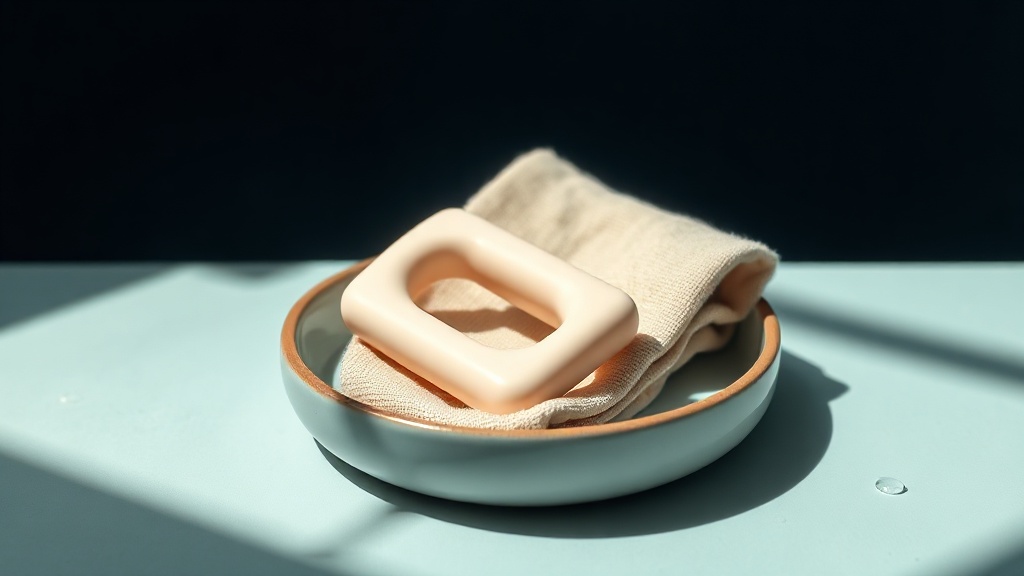 A chilled silicone teether and a folded cold washcloth on a ceramic dish on cream linen