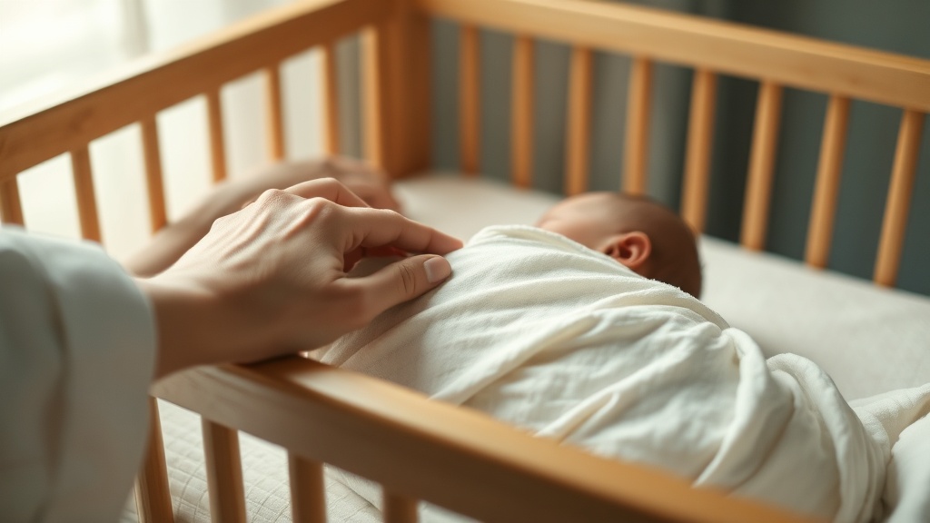 A parent's hand resting gently on the back of a sleeping swaddled baby in a wooden crib in soft light