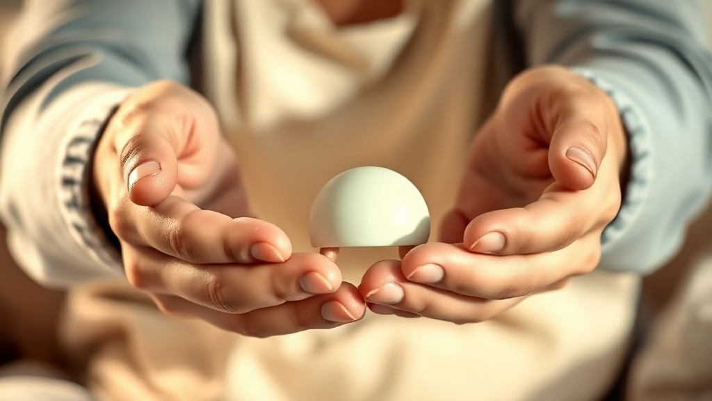 A parent's hands offering a chilled pale silicone teether forward in soft warm light