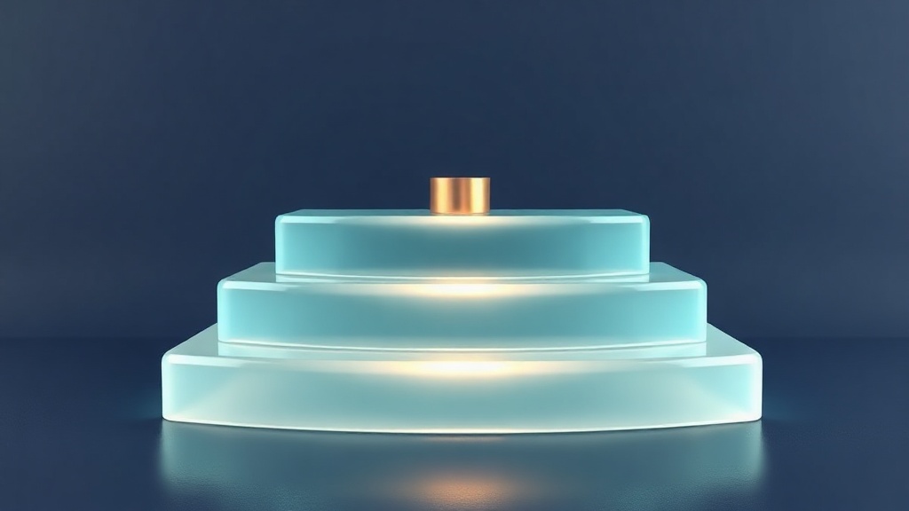 Three frosted-glass tiers rising like a gentle staircase with a small copper top step, over deep navy