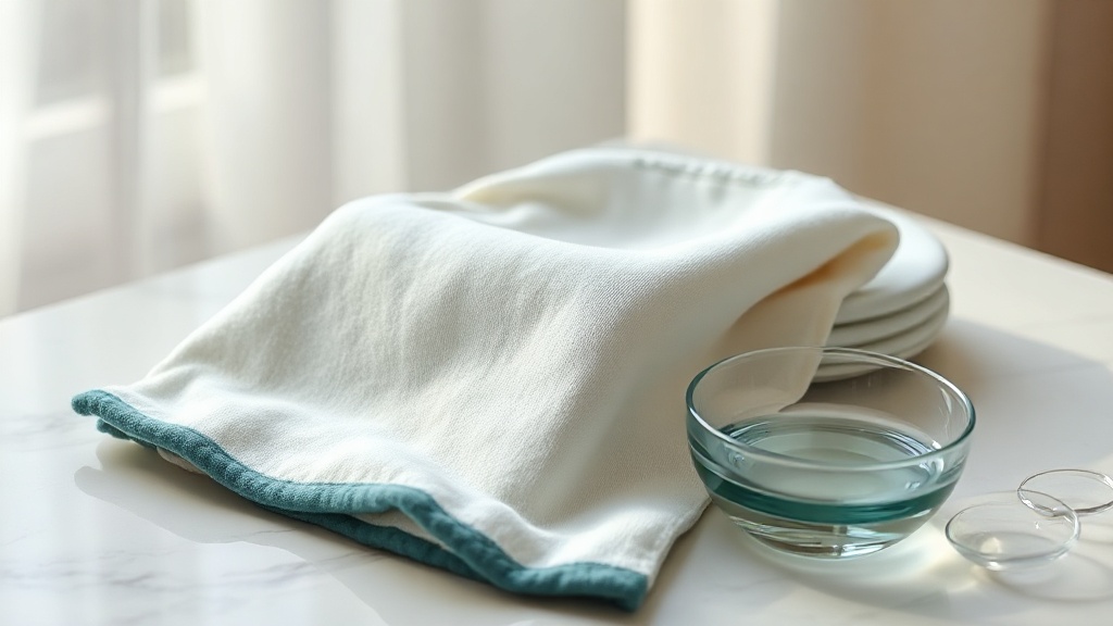 A soft cloth and clean cotton bibs beside a small bowl of water for gentle drool-rash care