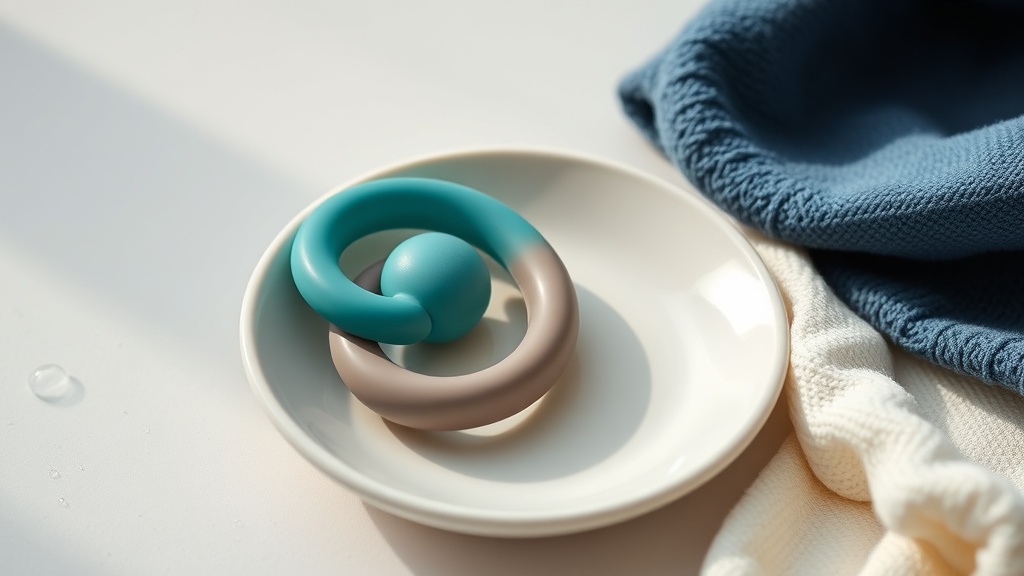 A chilled silicone teething ring resting on a clean dish beside a soft folded cloth