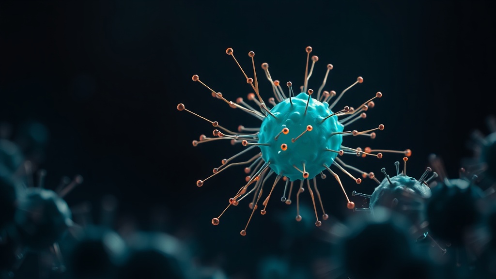 A single luminous beneficial bacterial colony emitting fine molecular darts that disable surrounding shadowy microbes.