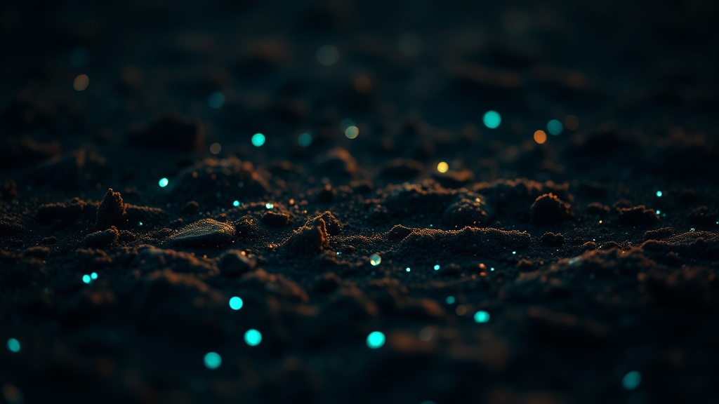A freshly cleared dark surface with new points of teal light taking hold and beginning to spread.
