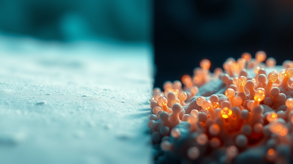 A split macro view contrasting a barren, over-sterilized surface with a thriving, diverse community of glowing microbial colonies.
