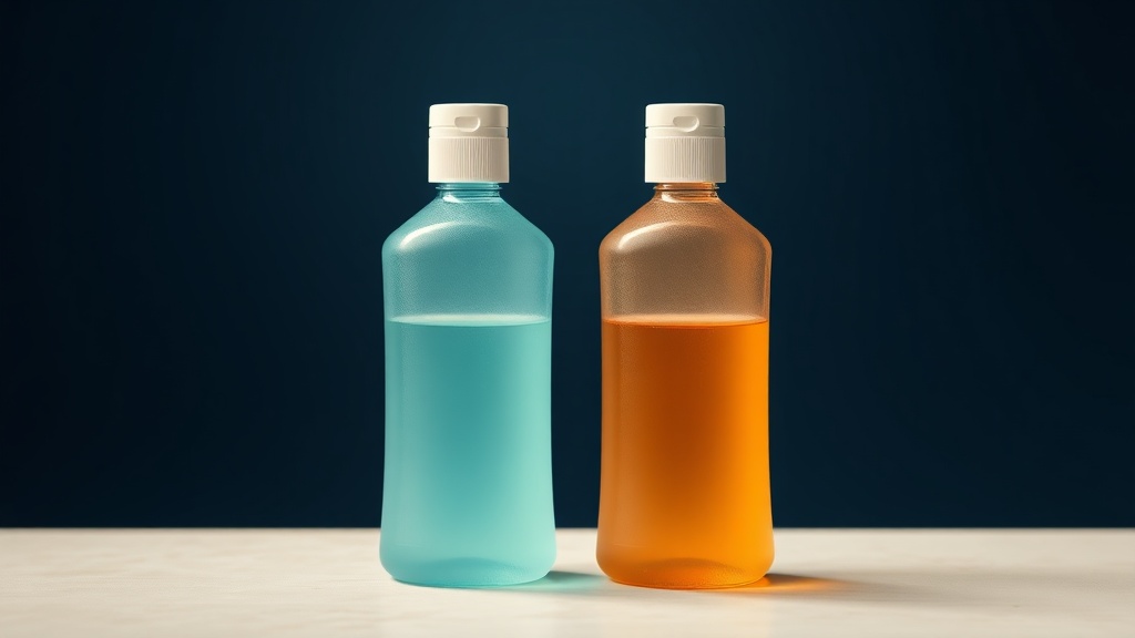 Two unbranded mouthwash bottles, one teal alcohol-free and one amber