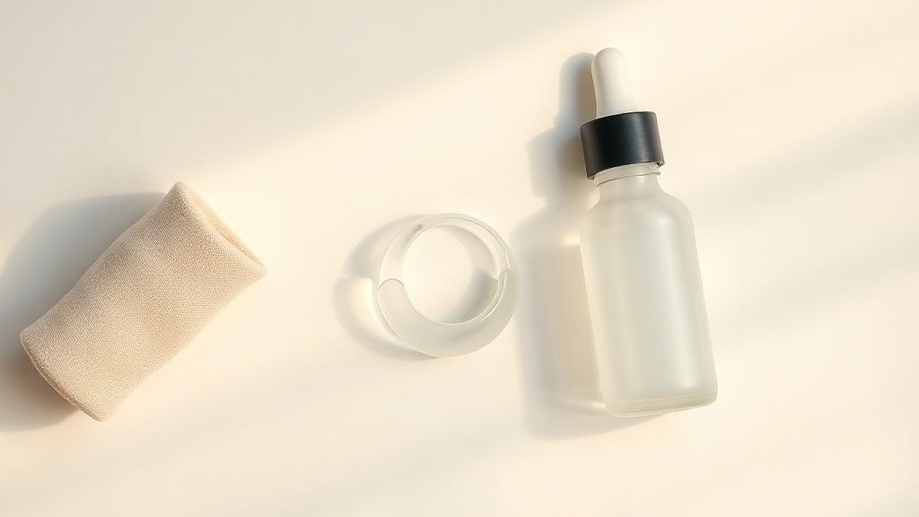 A soft fabric thumb sleeve, a clear rigid thumb guard and a plain bottle of bitter deterrent arranged on a cream surface