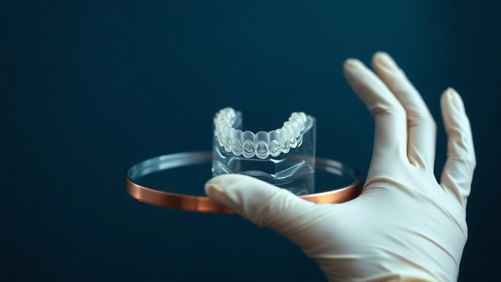 A pediatric dentist's gloved hands holding a small clear custom palatal appliance