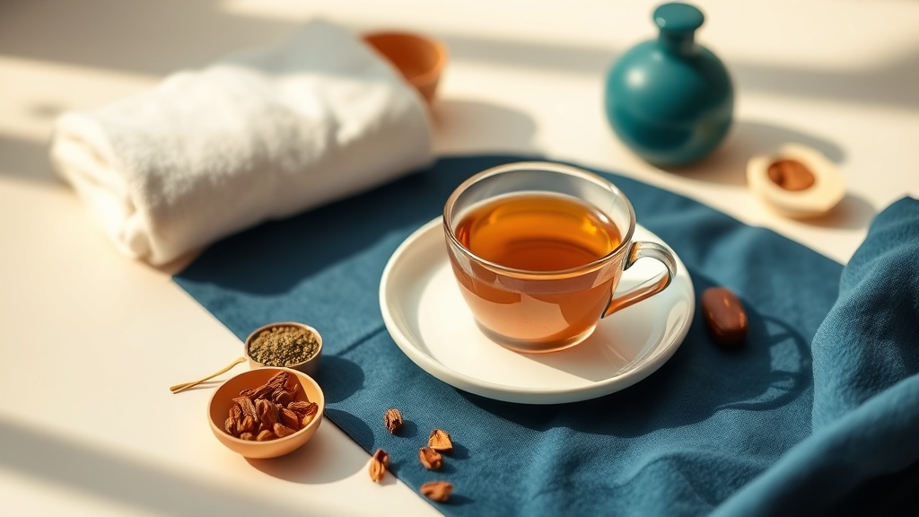Soothing self-care still life with a warm cloth, herbal tea, and soft foods