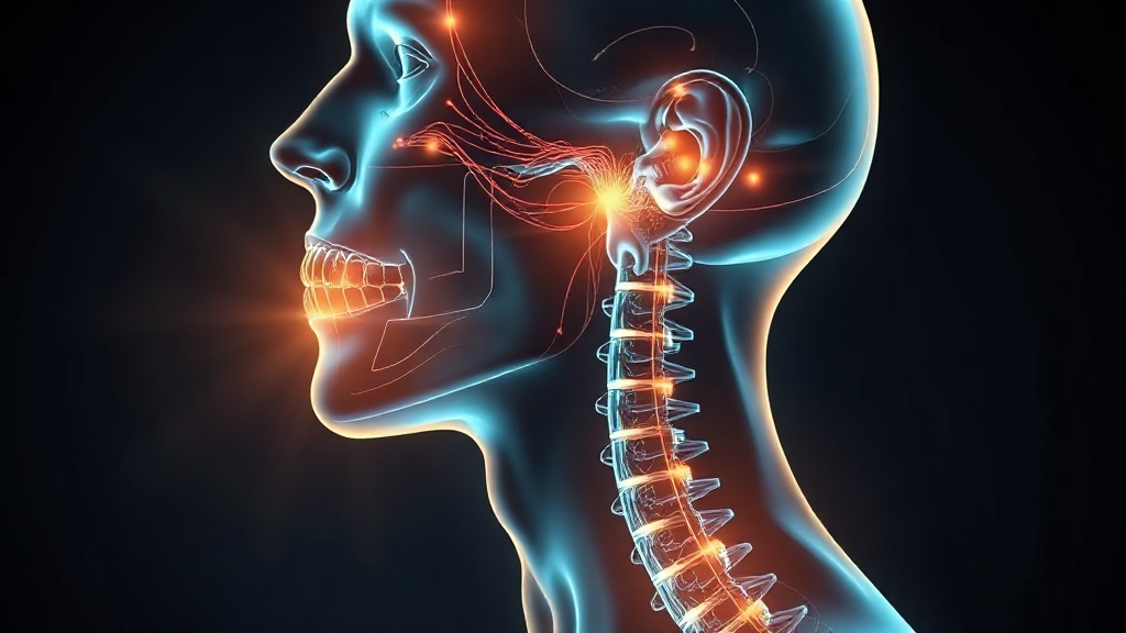 Luminous conceptual illustration showing the jaw muscles and upper-neck muscles connected as one continuous system