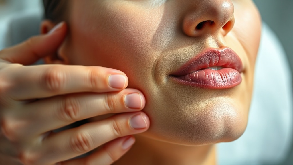 A therapists gentle hands resting along a calm patients cheek and lower jaw during a guided jaw-relaxation session