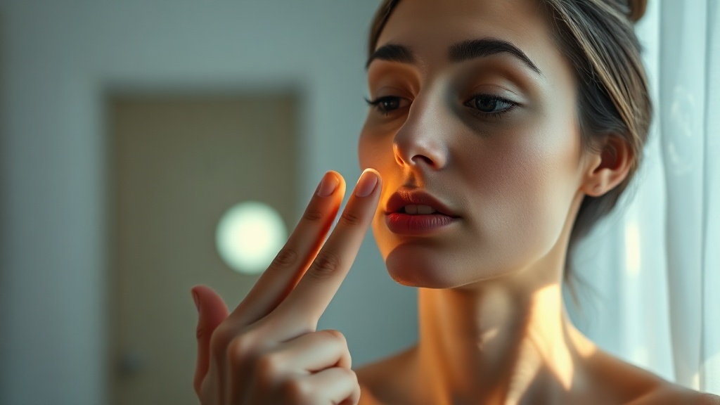 A person practising a slow, gentle controlled jaw-opening movement in front of a softly lit mirror