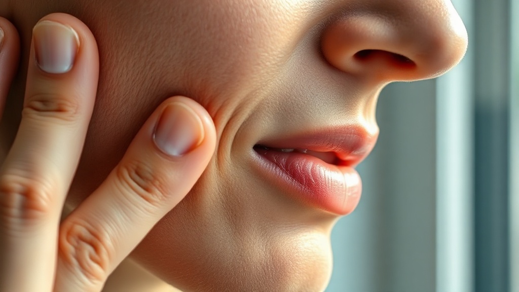 Fingertips resting gently on the cheek over the jaw muscle in a light self-massage