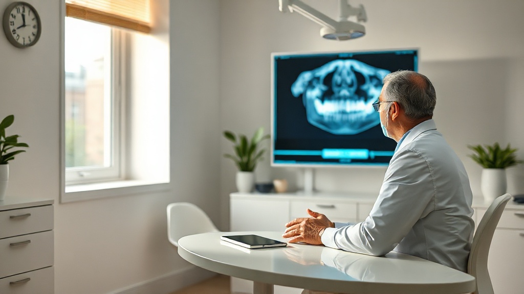 A patient consulting an oral surgeon beside a jaw X-ray in a calm clinic