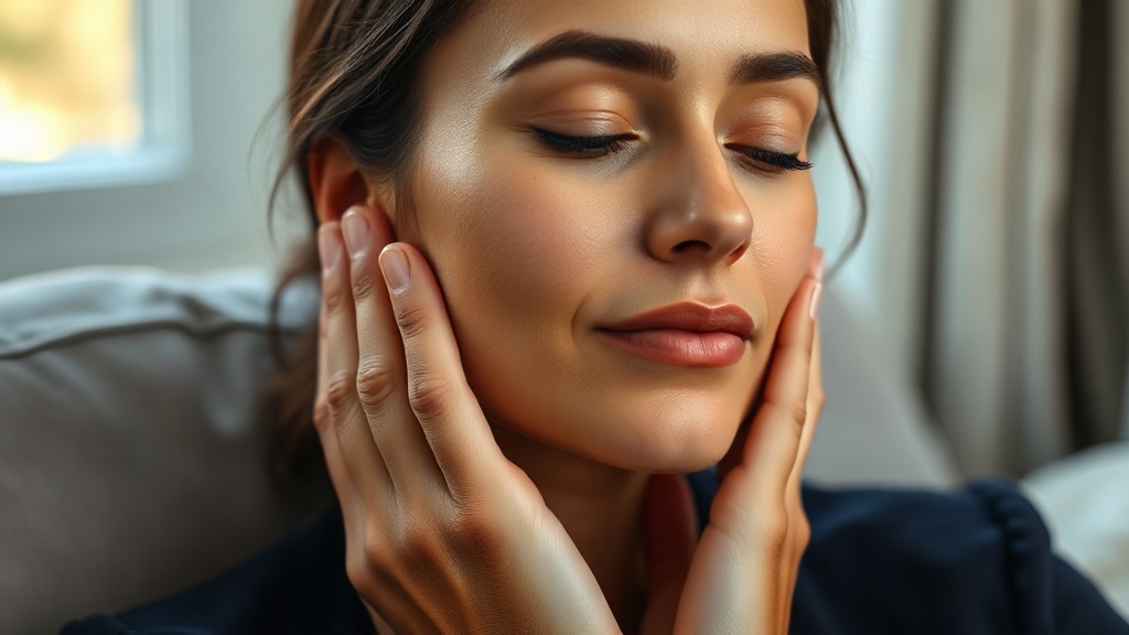A person gently self-massaging their jaw at home in soft light