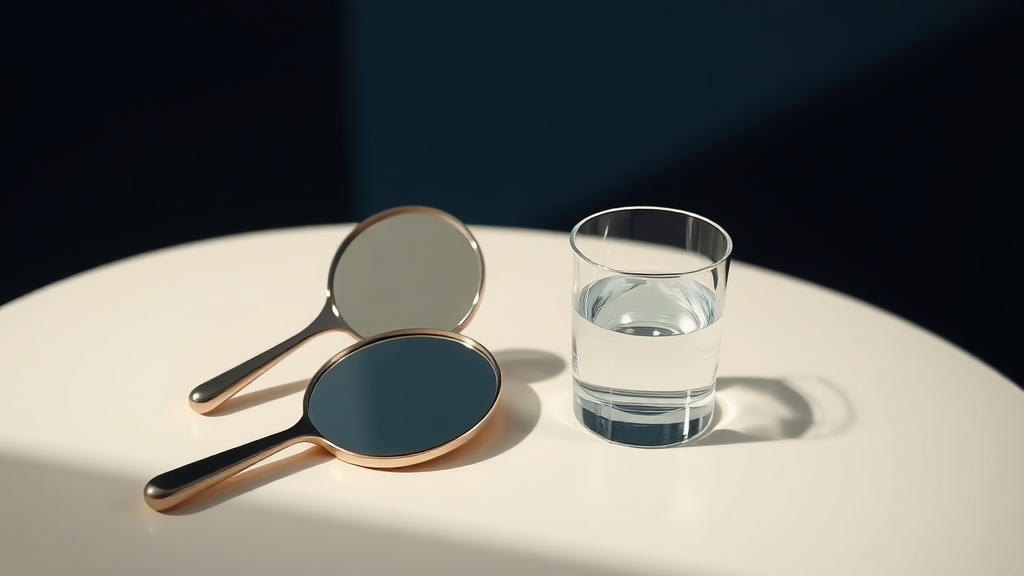 A hand mirror and glass of water on a cream surface, suggesting a calm self-check