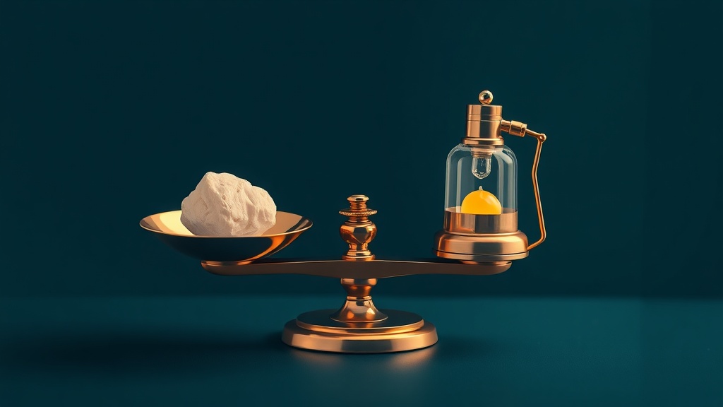 A balance scale weighing a single small tonsil stone against the scale of surgery
