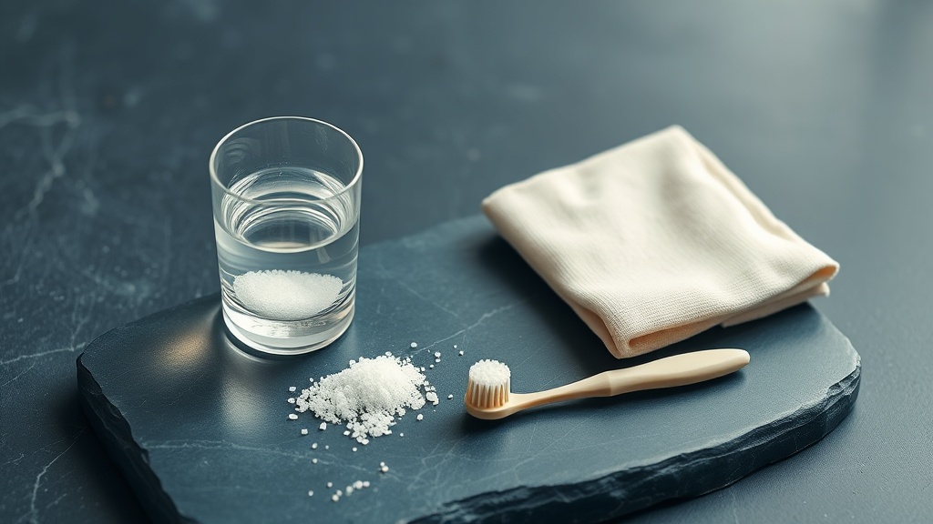A calm arrangement of home comfort measures: a glass of salt water, a cold compress and a toothbrush