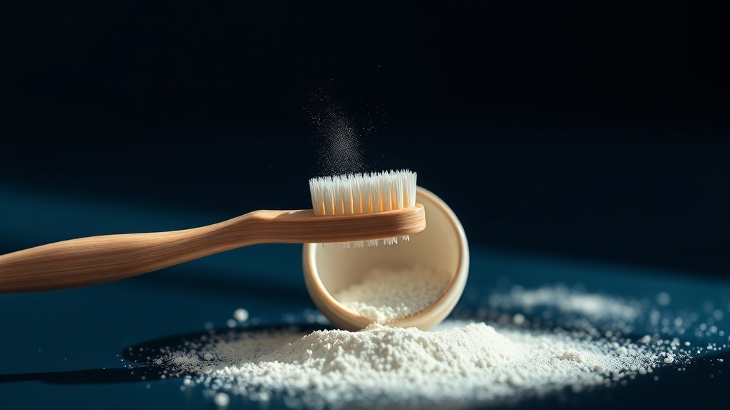 A damp toothbrush being dipped into a small jar of fine tooth powder