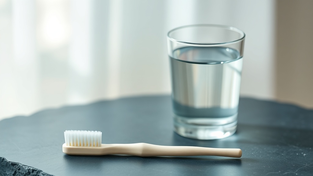A calm still-life suggesting gentle oral care in pregnancy: soft toothbrush and a glass of water