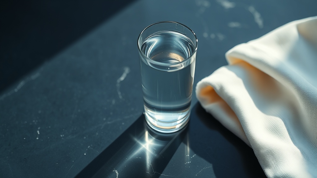 A glass of water beside a soft cloth, suggesting rinsing after morning sickness