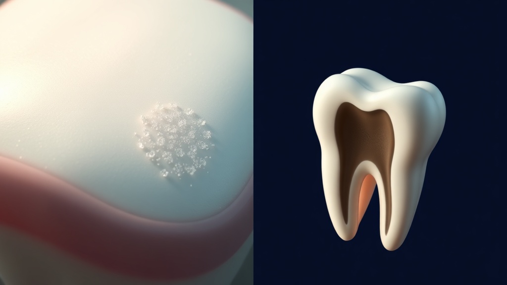 Two-panel illustration contrasting a softened enamel surface re-hardening versus a cavitated tooth that cannot self-repair