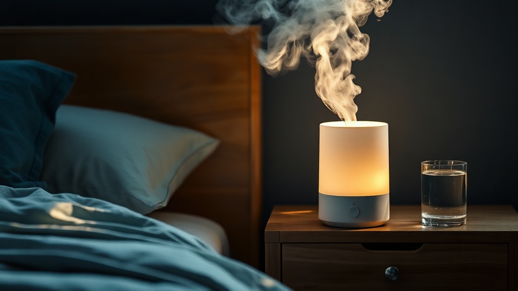 A bedside humidifier releasing a gentle plume of mist beside a glass of water at dawn
