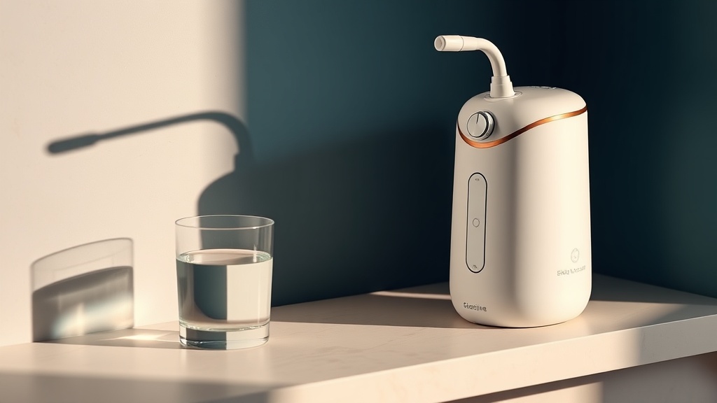 A countertop water flosser set to its lowest pressure beside a glass of warm water