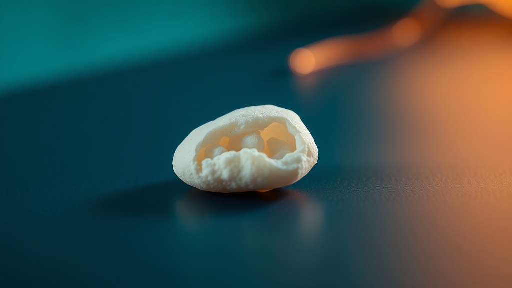A single pale tonsil stone shown in close-up against dark negative space
