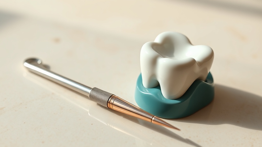 A periodontal probe resting beside a tooth model on a clean surface