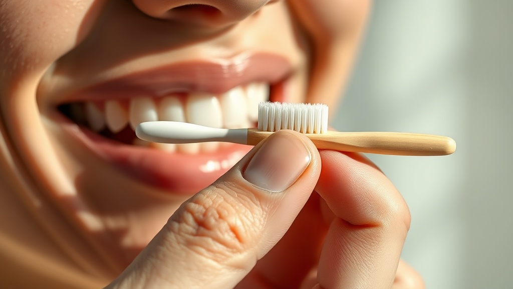 A hand holding a toothbrush gently against teeth in warm light