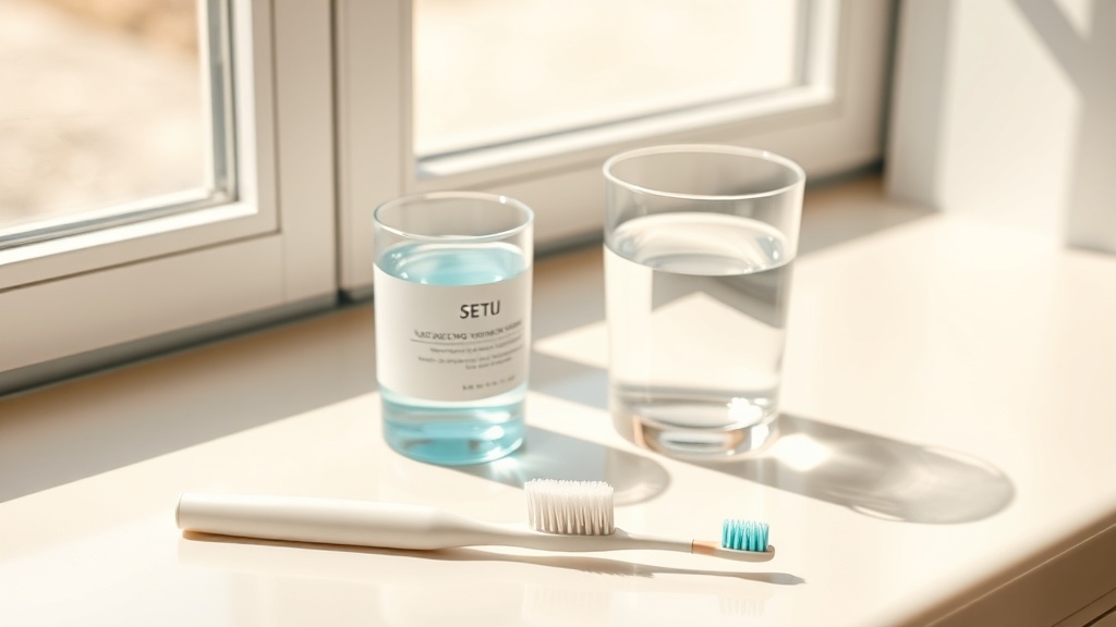 A soft toothbrush, interdental brush and a glass of water on a bright surface