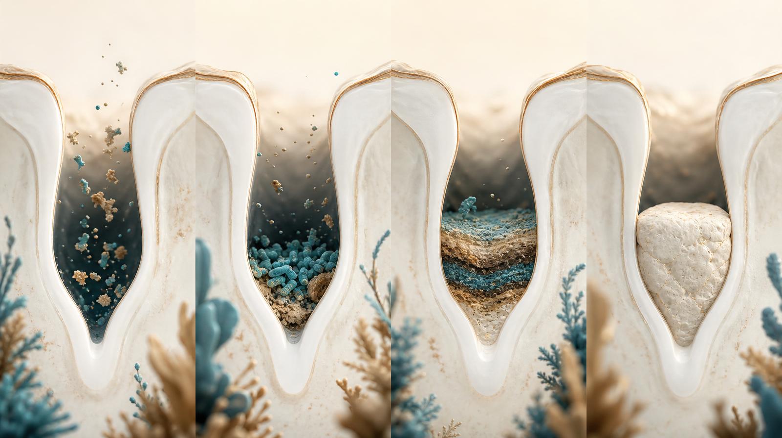 Infographic of debris and anaerobic bacteria accumulating in tonsil crypts and calcifying