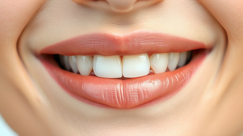 Close-up of firm coral-pink healthy gums hugging the teeth