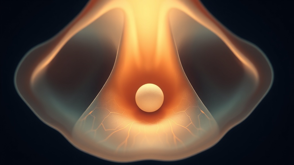 Conceptual illustration of a small tonsil stone pressing on nerve-rich tissue at the back of the throat