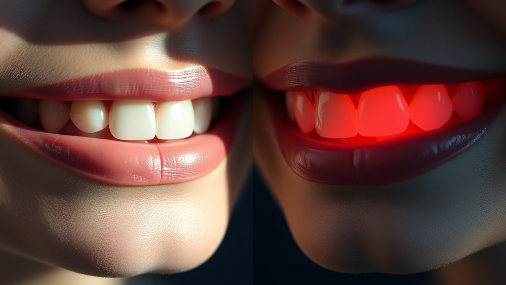 Conceptual comparison of pale-pink healthy gums and red, swollen gingivitis gums
