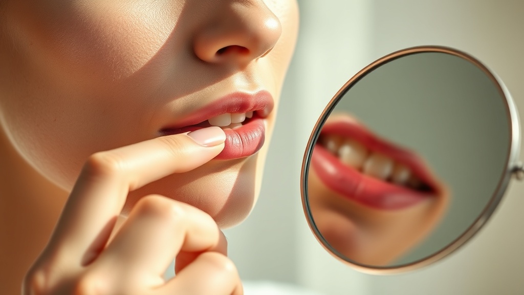 Person gently lifting their lip to inspect their gumline in a mirror in soft light