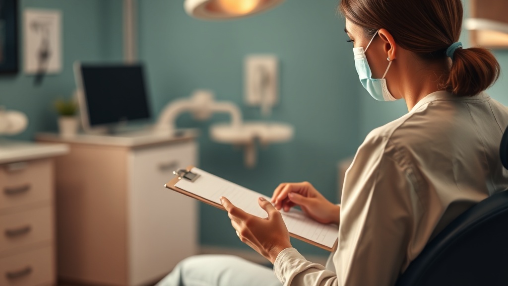 A dental professional in a softly lit clinic reviewing notes on a clipboard across from a seated patient