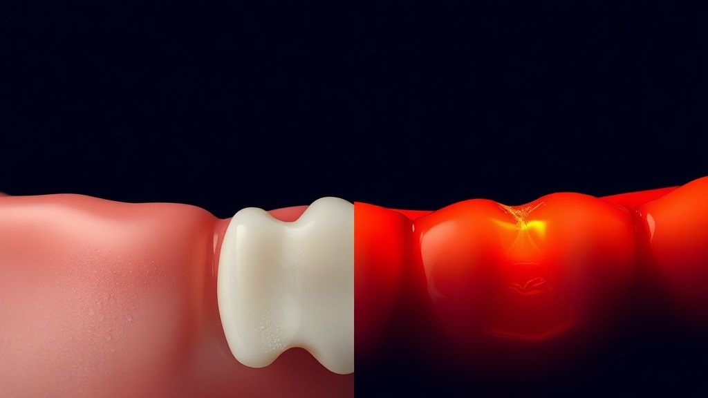 Conceptual comparison of a healthy firm gumline and a red, swollen gingivitis gumline