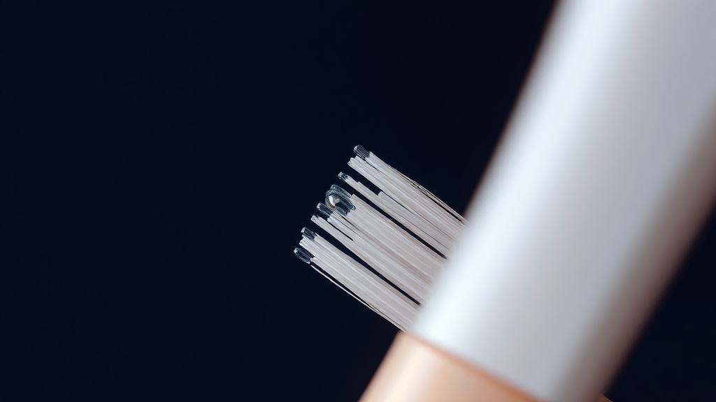 Soft toothbrush angled gently at the gumline in warm editorial light