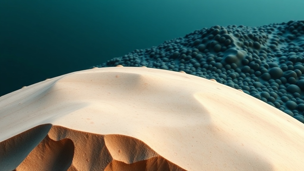 A conceptual topographic macro contrasting a smooth, clear front surface with a rough, textured rear plateau where a pale coating gathers in the crevices.